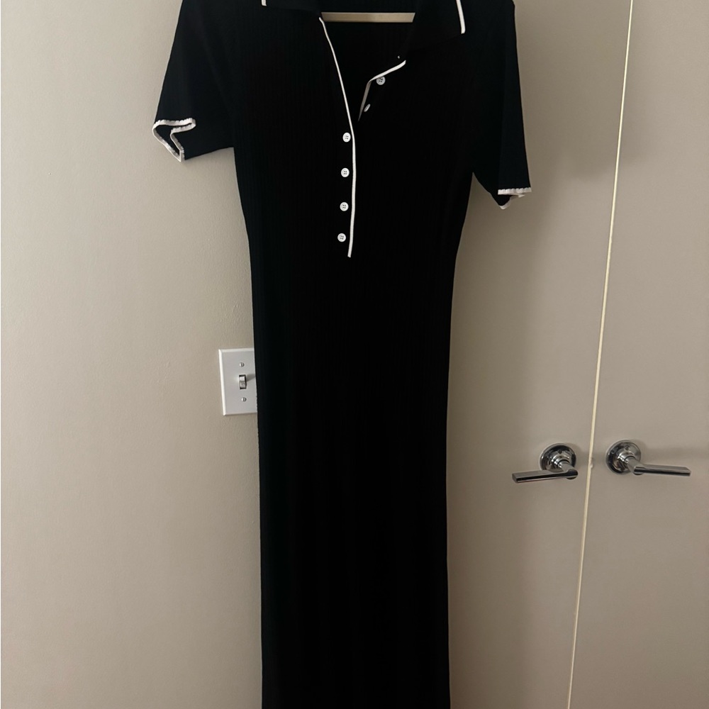 Black Ribbed Midi Polo Dress with White Trim